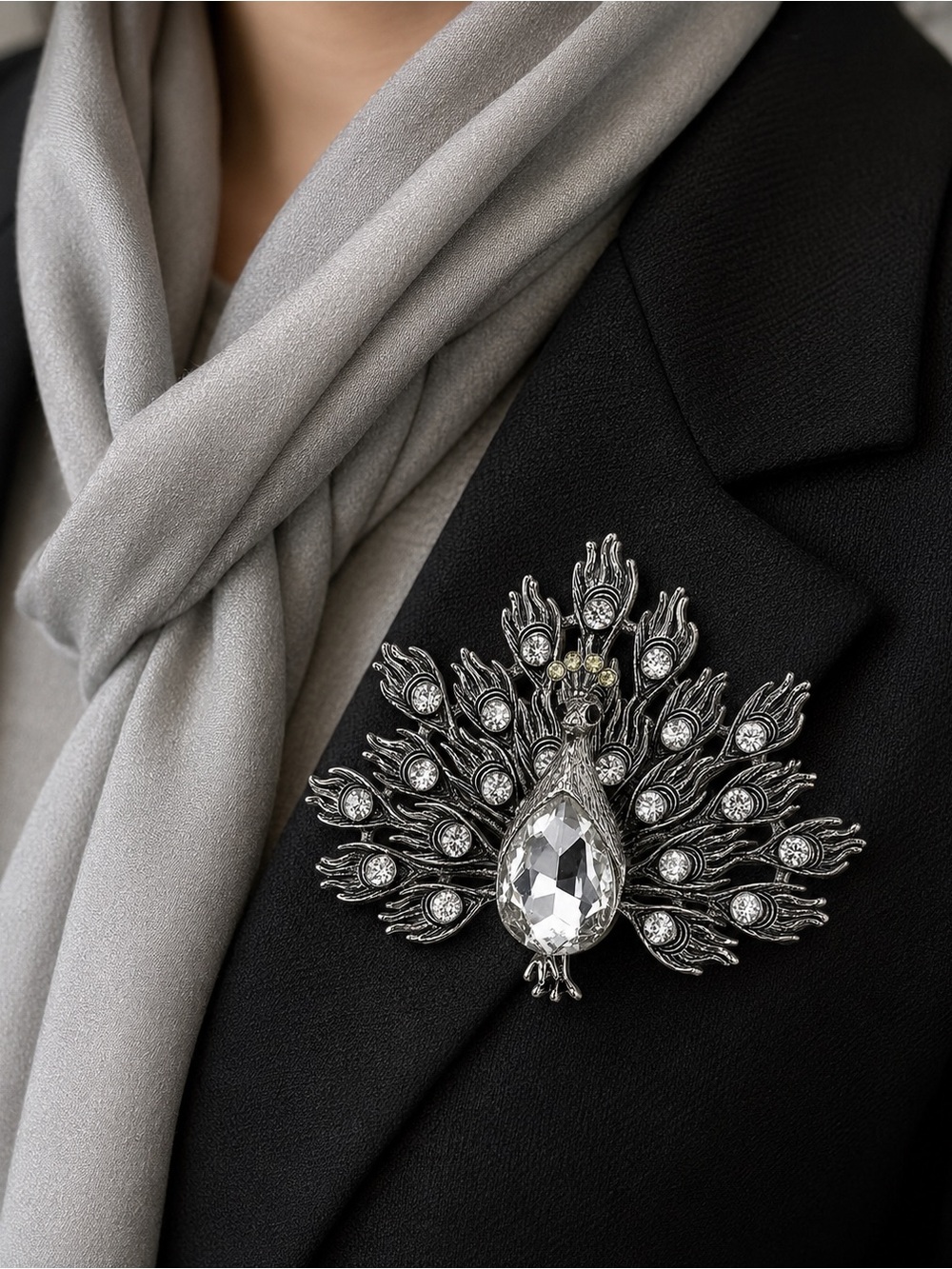 Silver-Tone Crystal Peacock Magnetic Brooch